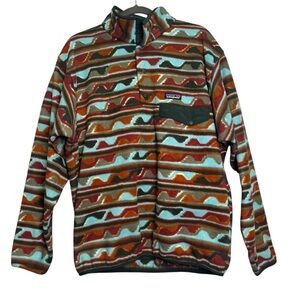 Patagonia Size Large Synchilla Brown Blue Pullover Snap Long Sleeve Fleece